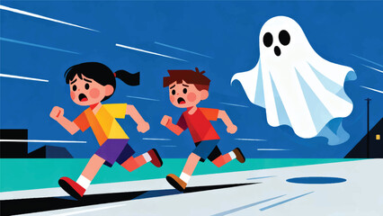 Illustration Of Children Running Scared But Cute Being Chased By A Cartoon Ghost Vector Design Template