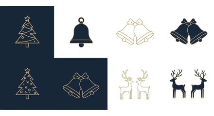 Vector illustration set of minimalist Christmas designs: tree, bells, reindeers in golden outline on dark blue, white background