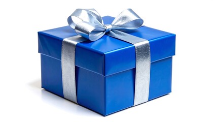 Obraz premium A cobalt-blue gift box with a silver ribbon and bow, presented on a stark white backdrop. The box is square, and the bow is plush