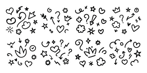 Collection of hand drawn doodle elements including hearts arrows stars question marks and crowns
