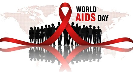 World aids day awareness graphic with a red ribbon, silhouettes of people, and a world map background