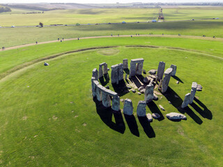 Drone view of Stonehenge and Wiltshire Countryside in England, UK. The stone circle dates to 3000 BC and is one of the best known ancient wonders of the world and UNESCO World Heritage Site.