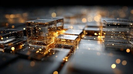 Abstract golden energy matrix pulsing through transparent platforms representing integrated business systems optimizing profit, innovation, and sustainability.