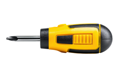 Close-up of a hand tool, a yellow and black screwdriver against a stark black backdrop