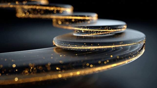 Abstract golden energy spirals rising through layered transparent planes, illustrating dynamic business models evolving through technology, sustainability, and long-term profitable growth strategies.