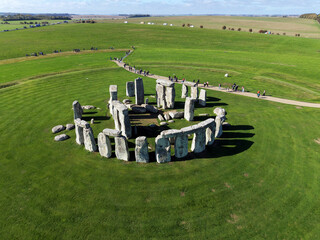 Drone view of Stonehenge and Wiltshire Countryside in England, UK. The stone circle dates to 3000 BC and is one of the best known ancient wonders of the world and UNESCO World Heritage Site.