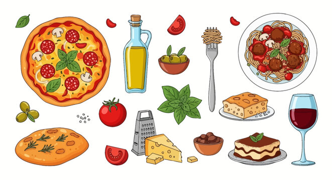A vibrant vector illustration showcasing classic Italian food elements in a playful style, white background