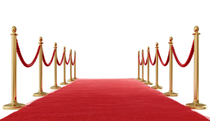 A pathway to a waiting event, with velvet rope stanchions, and a long red carpet