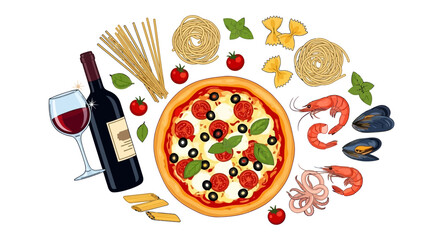 Vector illustration of Italian cuisine elements: pasta, pizza, wine, and seafood, white background