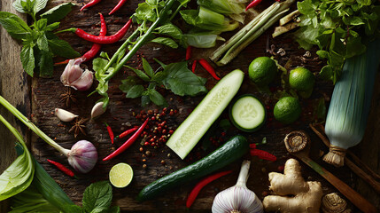 spice. Assorted fresh Asian ingredients on rustic stone, vibrant colors and natural styling in overhead view. menu design.
