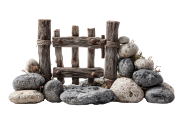 Rustic weathered wooden gate with rock border against a transparent background