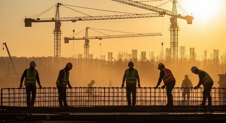 Construction workers and cranes at sunset on a building site