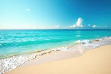 Fototapeta premium Serene Coastal Scene Azure Waters Gently Lap a Pristine Sandy Shore Under a Summer Sky