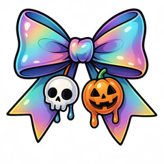 Fototapeta premium halloween bow in rainbow gradient cartoon style with dripping skull and jackolantern pendants, glossy coquette illustration on white background, concept of spooky party decor, branding, design