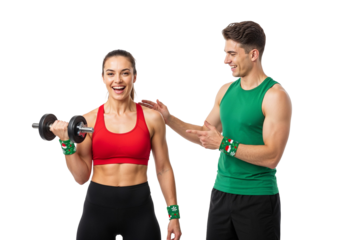 Fitness training with dumbbell and supportive workout partner