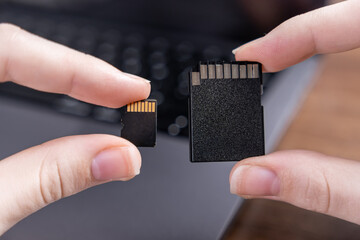 Human hands holding micro SD and standard SD cards, comparing their distinct sizes for diverse digital data storage across electronic devices