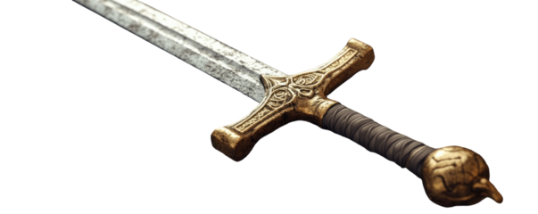 Ancient sword with ornate hilt and worn blade against a black background