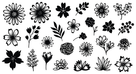 Hand-drawn floral elements Vector Illustration, a collection of black and white flower and plant illustrations with a white background and copy space.