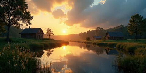 Fototapeta premium Serene Sunset Over Tranquil River, Two Rustic Cottages Nestled Amongst Lush Greenery, Golden Hour Reflection