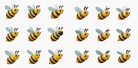 A grid of fifteen cartoon bee emojis with transparent wings.