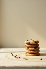 A stack of delicious chocolate chip cookies on a rustic wooden surface, bathed in warm sunlight