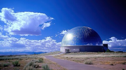 Obraz premium Striking Blue Dome Observatory Reflecting Vibrant Sky and Clouds in Arid Landscape