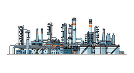 Naklejka premium Stylized illustration of a large industrial complex with numerous towers, pipes, and storage tanks depicted against a plain background
