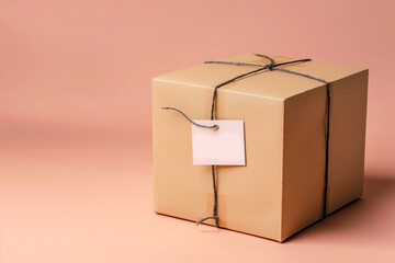 A sealed delivery package is sitting on a soft peach background. The package is tied with twine and has a fragile label attached, indicating careful handling required