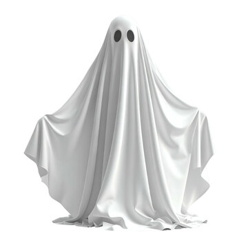 Classic Halloween image a white sheet ghost with black oval eyes, arms slightly spread, black background