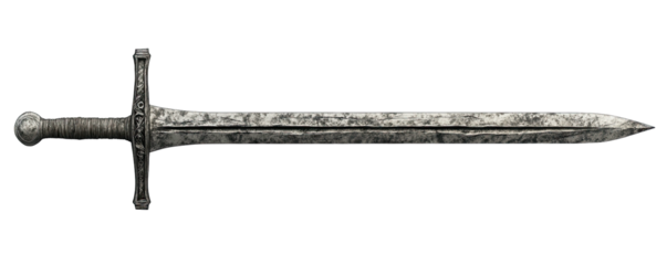 Grey longsword, centered, with round pommel and crossguard on black background