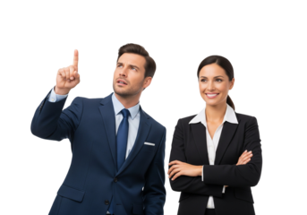 Business teamwork with upward gesture and confident pose