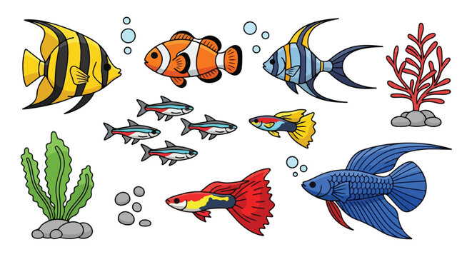 Delightful assemblage of vibrant tropical fish species amidst a tranquil underwater ecosystem illustration