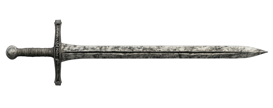 Grey longsword, centered, with round pommel and crossguard on black background