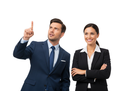Business teamwork with upward gesture and confident pose