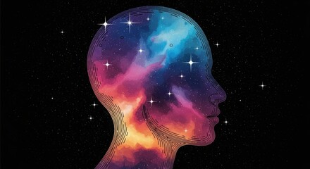 Human head silhouette filled with a vibrant cosmic nebula, galaxy, and sparkling stars.