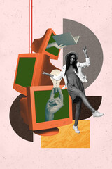 Vertical 3d art pop image collage of happy girl guy business workers stand pc monitor stack peek hand hold book light bulb ai app