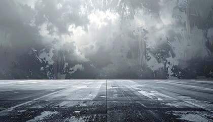 A futuristic cityscape scene under dramatic, cloudy skies with a luminous opening in the clouds. Textured surfaces give a moody, ethereal look