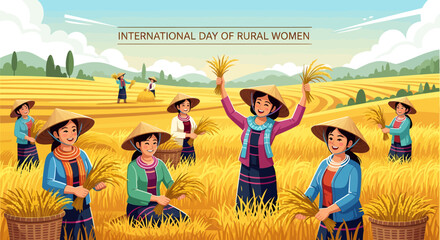 Women Harvesting Rice in Golden Fields – International Day of Rural Women.Vector illustration of rural women harvesting rice in golden fields, wearing traditional hats under the sunrise. Concept of wo