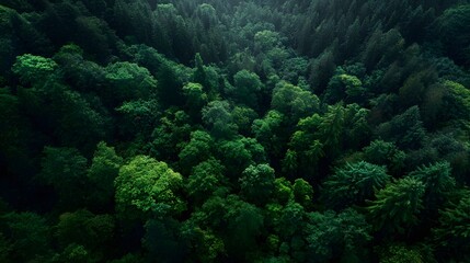 Aerial view of a dense lush vibrant green forest canopy showcasing the rich textures and natural beauty of the ecosystem