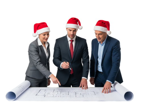 Business team with Santa hats reviewing holiday blueprint