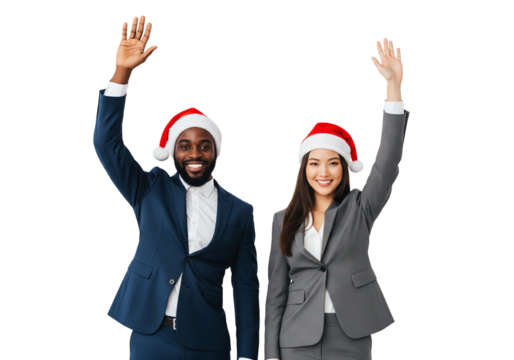 Business professionals waving with Santa hats in festive spirit