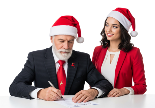 Business Christmas moment with Santa hats and documents