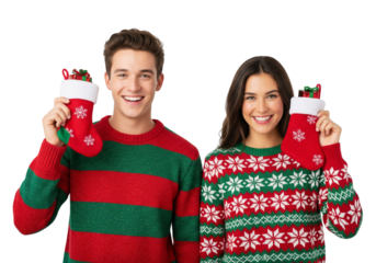 Christmas stockings with festive sweaters and holiday gifts