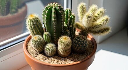 Collection of Diverse Cacti Plants in Terracotta Pot on Windowsill