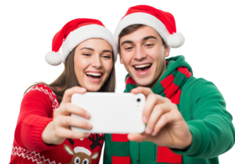 Christmas selfie with festive outfits and Santa hats
