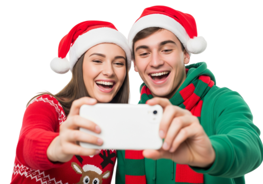 Christmas selfie with festive outfits and Santa hats