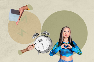 Banner 3d art pop image collage of happy businesswoman businessman stand alarm clock deadline limit expire hand employee workload