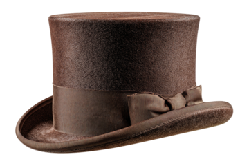 An elegant, vintage brown top hat isolated against a transparent background, showing detail