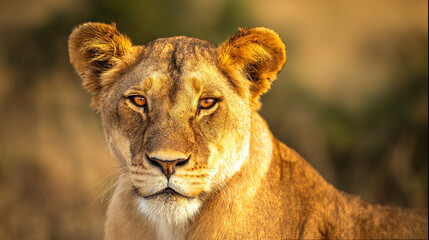 Fototapeta premium ferocity. Lioness with a focused gaze and detailed fur, bathed in golden savanna light with a natural habitat backdrop. wildlife magazines. 