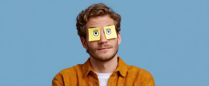 A man’s playful spirit shines as sticky notes with cartoon eyes cover his eyes.